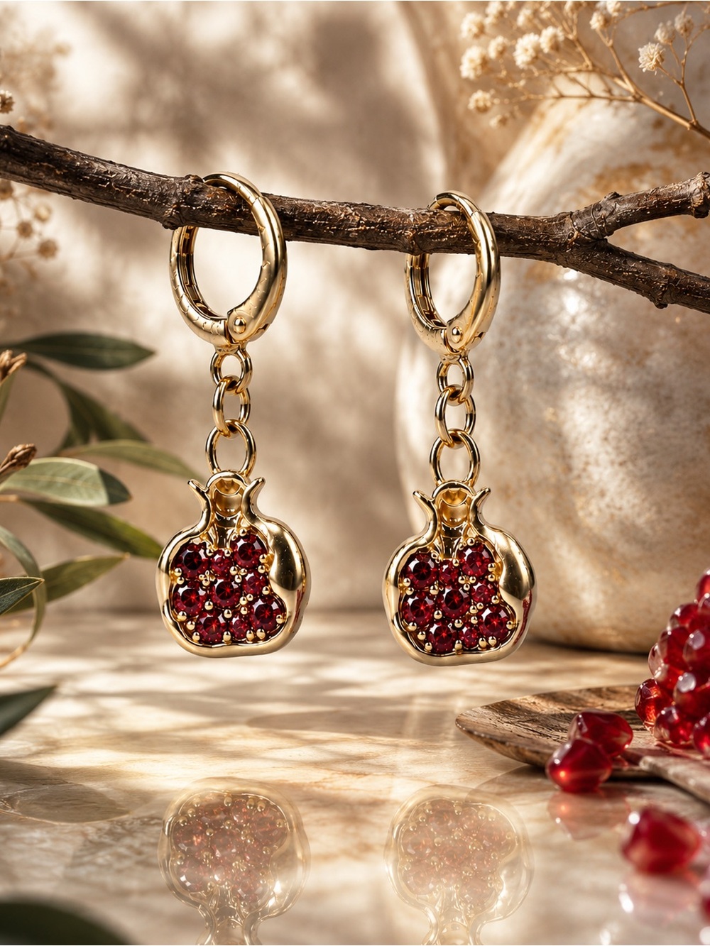 Red Garnet in Gold Pomegranate Earrings • Drops • Boho Dangle